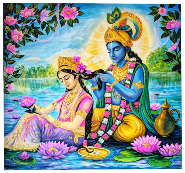 Radharani and Krishna on the Banks of the Yamuna: A Painting of Divine Love